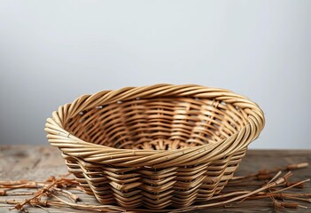 Empty woven basket, rustic texture, natural fiber,   overhead,  harvest