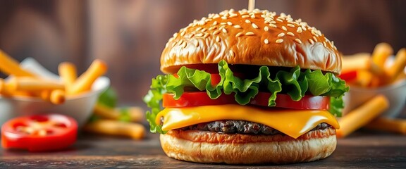 Juicy burger with sesame seed bun, lettuce, tomato, and cheese, burger,  ketchup