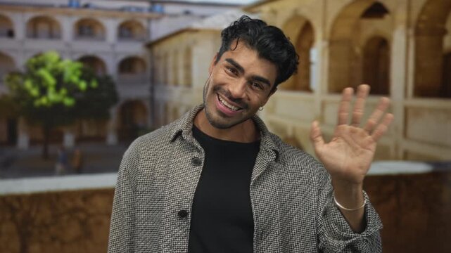 Man waves hand at camera in historic university building and smiles broadly in bright daylight; friendly greeting.