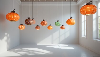 Colorful pumpkin-shaped lamps with polka dot patterns hanging in a bright minimalist room, creating a cheerful and artistic modern interior atmosphere