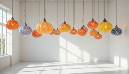 Colorful pumpkin-shaped lamps with polka dot patterns hanging in a bright minimalist room, creating a cheerful and artistic modern interior atmosphere