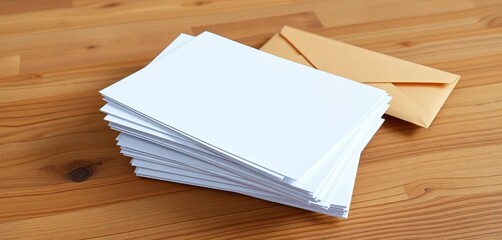Stack of crisp white papers and brown envelopes on wooden desk, post, brown