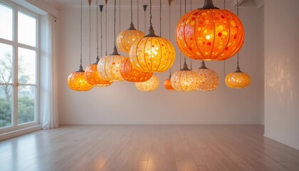 Colorful pumpkin-shaped lamps with polka dot patterns hanging in a bright minimalist room, creating a cheerful and artistic modern interior atmosphere