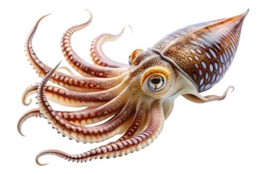 Marine cephalopod, with brown and white patterned mantle and eight tentacles, cutout, PNG, isolated on white or transparent background, AI