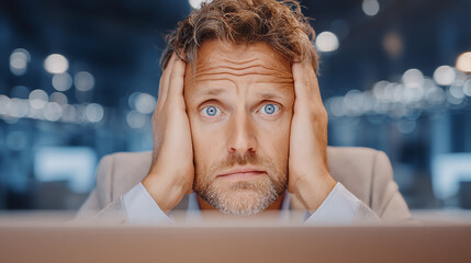 A man showing deep frustration and anxiety while looking at his laptop, reflecting workplace stress.
