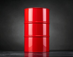 Shiny, red cylindrical metal drum on a contrasting dark, textured background