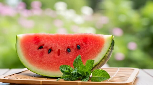 Fresh watermelon slice and mint on wooden board