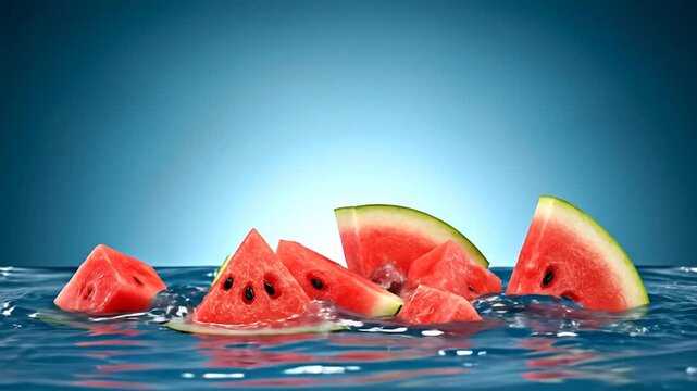 Fresh watermelon slices and cubes with water splash on blue background