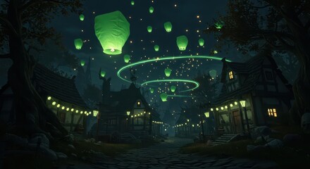 Obraz premium Enchanted evening scene depicts floating lanterns illuminating a rustic village pathway
