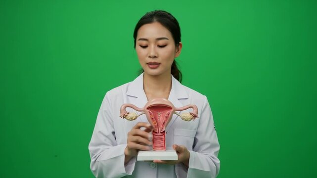 Female Doctor Holding Uterus Model Explaining Reproductive Health on Green Screen