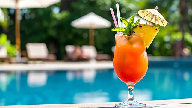 Refreshing tropical cocktail by poolside with umbrella garnish