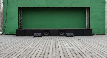 An outdoor stage with a green backdrop and speakers sits on a weathered wood surface.