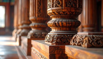 Ornate, dark wooden pillars line a building's interior, intricate carvings decorating the bases in sharp focus