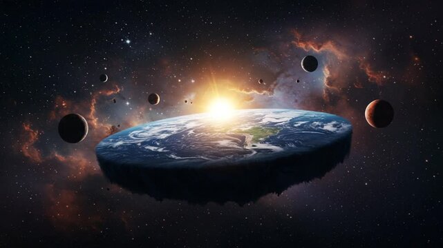 Flat Earth Illustration Floating in Space with Planets and Stars
