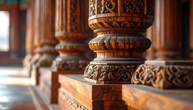 Ornate, dark wooden pillars line a building's interior, intricate carvings decorating the bases in sharp focus