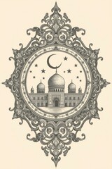 Ornate oval frame surrounding a mosque with crescent moon symbol