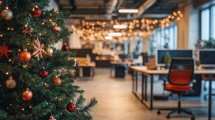 Festive office transformed with twinkling lights and a decorated Christmas tree creating a warm, inviting holiday atmosphere for colleagues