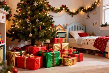 A large pile of Christmas gifts wrapped in vibrant red and shiny gold paper with green and red ribbons sits under a beautifully decorated Christmas tree in a cozy child's room.