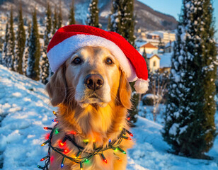 Golden retriever wearing Santa hat and Christmas lights in snowy landscape.