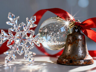 A close-up of festive Christmas decor featuring a clear crystal snowflake, an old rustic bell, and a sparkling glass ornament tied with a bright red ribbon in a dazzling holiday display.