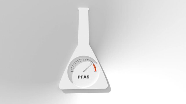 Measuring scale indicates high level value of PFAS impact. PFAS acronym means Per- and polyfluoroalkyl substances. Business and social responsibility.