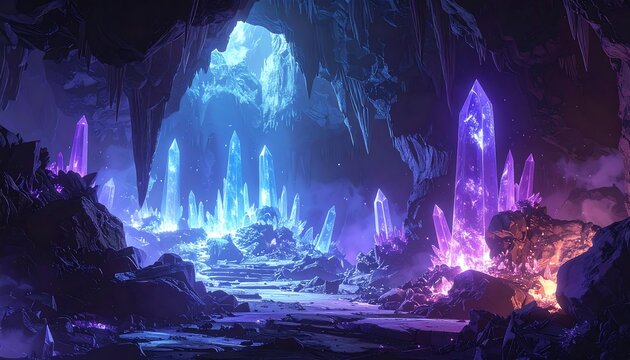 Mystical cave with glowing blue and purple crystals, stalactites hang, and a surreal light fills the cavern - Powered by Adobe