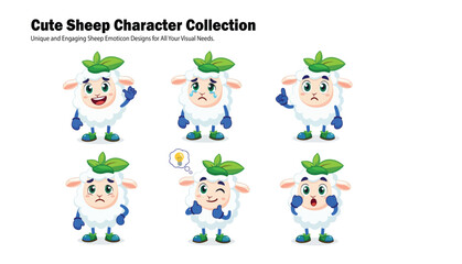 Fototapeta premium Collection of six cartoon sheep characters expressing different emotions, each with unique poses.