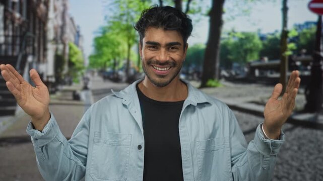 Young hispanic smiling man spreads hands wide for large measurement on busy city street; confidence openness.