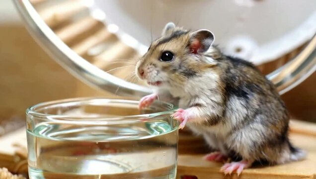 Hamster Drinking Water From Glass with Exercise Wheel