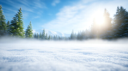 A serene winter landscape with snow-covered ground and pine trees under a bright blue sky.