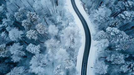 Aerial view of a winding road through a snow covered forest in winter