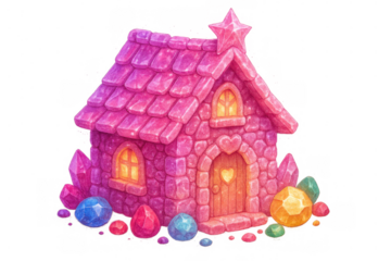 Pink fantasy crystal house with sparkling gems, magic fairytale home, cute dream illustration on transparent background