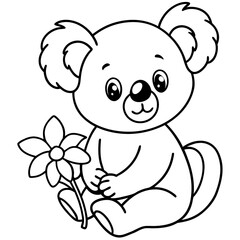 Fototapeta premium Little koala sitting on the ground holding a flower and smiling, with a bow on its ear on white background