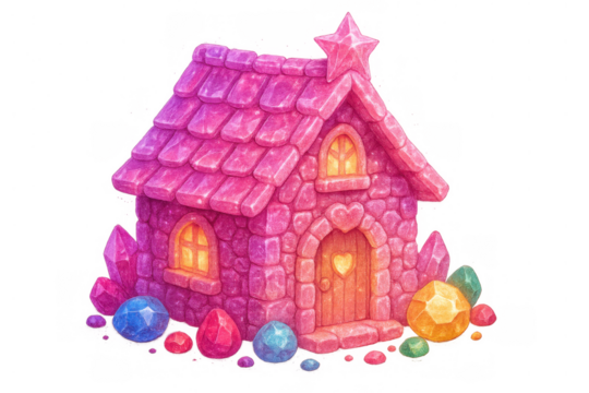 Pink fantasy crystal house with sparkling gems, magic fairytale home, cute dream illustration on transparent background