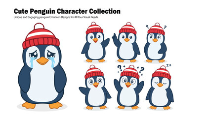 Fototapeta premium Collection of cartoon penguin characters displaying various emotions and poses, including crying, waving, questioning, and sleeping, all wearing red and white striped hats.