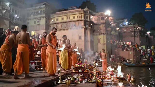 Indian religious ceremony on riverbank with fire rituals, background crowds and buildings, use for culture