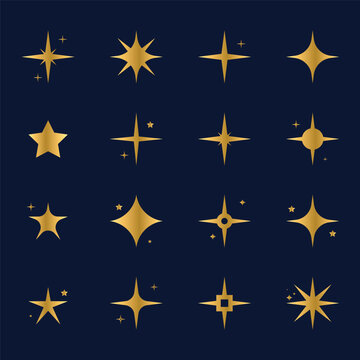 Sparkle, stars or shine icon set collection of different stars in gold color. Shine icon for magic, pattern, doodle, light and charm use.