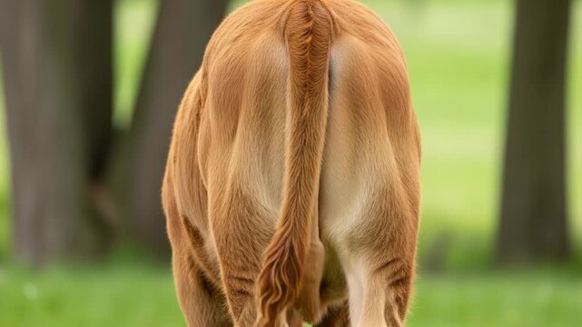 Rear view of a brown cow with a long tail in a grassy field