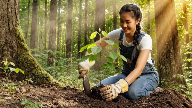 Young woman planting small tree seedling in forest with sunlight filtering through leaves environmental conservation concept reforestation effort for sustainable future