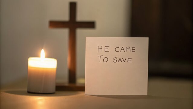 Christian Faith A candle and a cross beside a card that reads "HE came TO save," conveying a spiritual message.