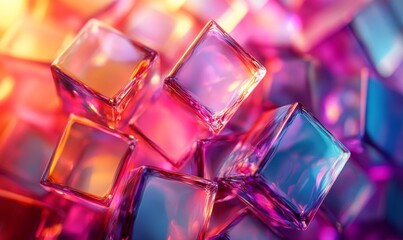 Abstract, crystal, and iridescent colored squares, rendered for digital backgrounds and design projects. A creative, geometric close-up that blends vibrant colors and clean shapes, Generative AI