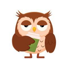 Cute cartoon owl, very sleepy and tired, holding a warm cup of coffee. Perfect visual for early mornings, needing a boost, or night owl themes. Digital vector illustration design