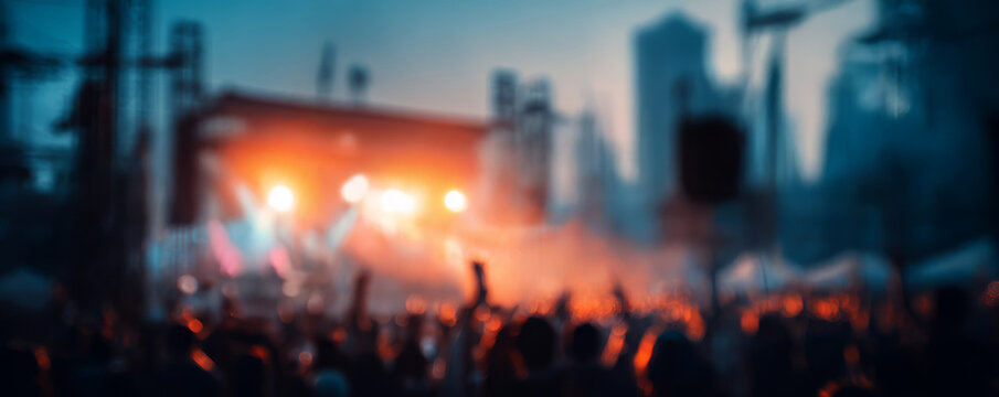 Blurry concert crowd festival stage colorful bokeh lights night city skyline energetic atmosphere raised hands music event outdoor venue