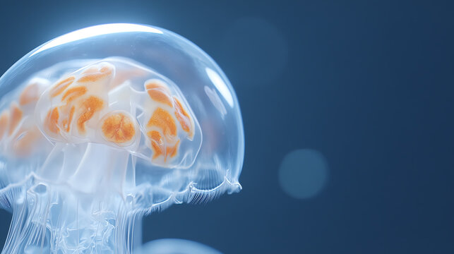 A vibrant jellyfish gracefully swims through the deep blue ocean, showcasing its translucent body and stunning colors.