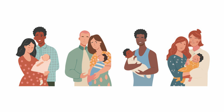 Diverse families holding newborn babies representing modern parenthood and multicultural relationships