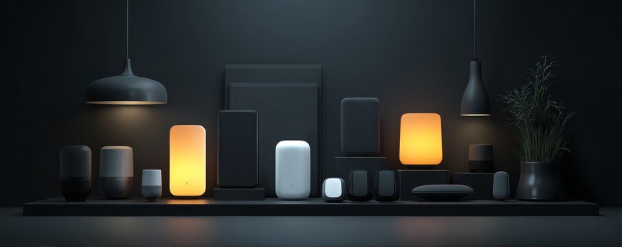 Modern lamp smart speaker wireless charger ambient light dark interior minimalist shelf home gadget soft glow matte black warm tone