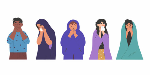 Diverse group of people suffering from cold flu or allergies covering their mouths and noses