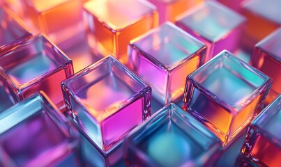 Abstract, crystal, and iridescent colored squares, rendered for digital backgrounds and design projects. A creative, geometric close-up that blends vibrant colors and clean shapes, Generative AI