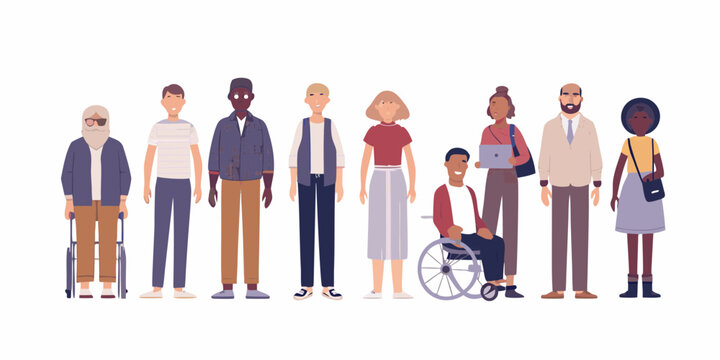 Diverse group of people of different ages ethnicities and abilities standing together in unity