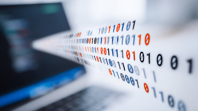 Abstract digital data flow with binary code, showcasing technology and information transfer.